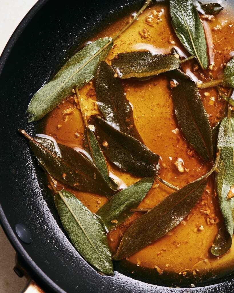 Fresh sage leaves frying in bubbling golden brown butter inside a black skillet