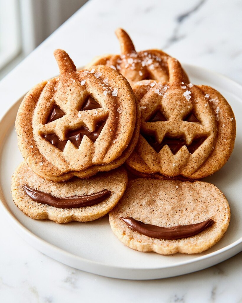 Flat bottoms of pumpkin cookies on a white plate topped with melted milk chocolate filling