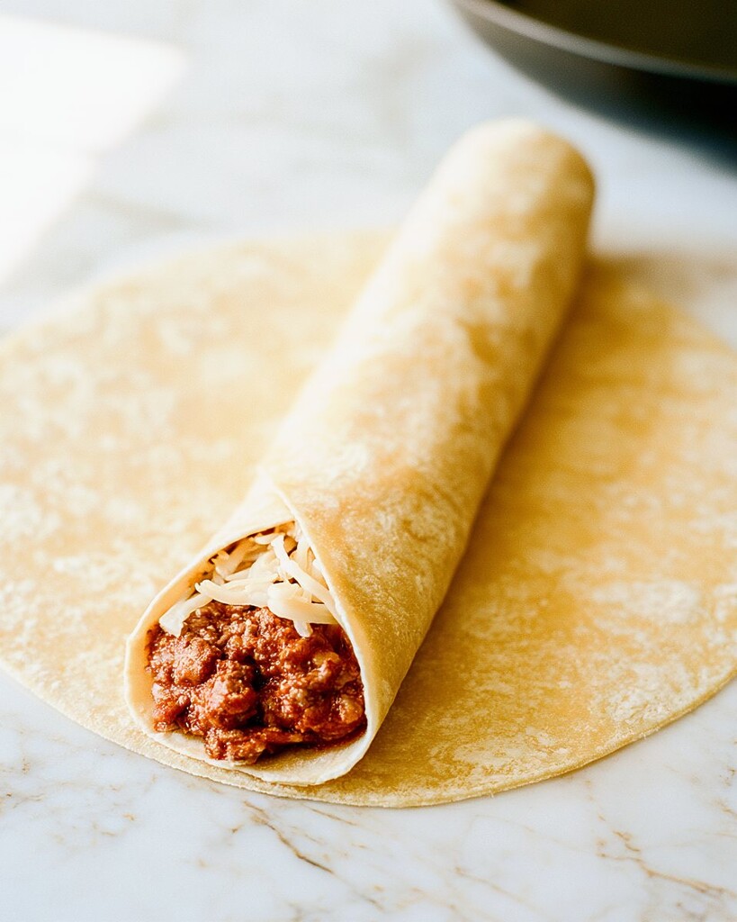 A soft corn tortilla partially rolled, revealing a savory brown beef filling and shredded pepper jack cheese.