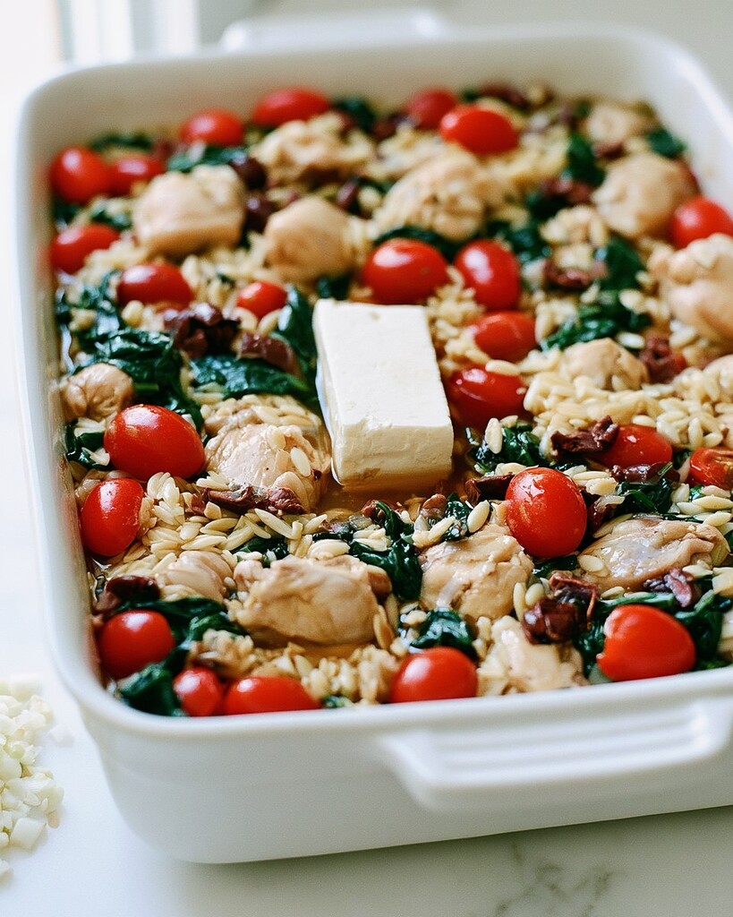 Uncooked chicken, orzo, spinach, and cherry tomatoes surrounding a block of feta cheese in a white baking dish