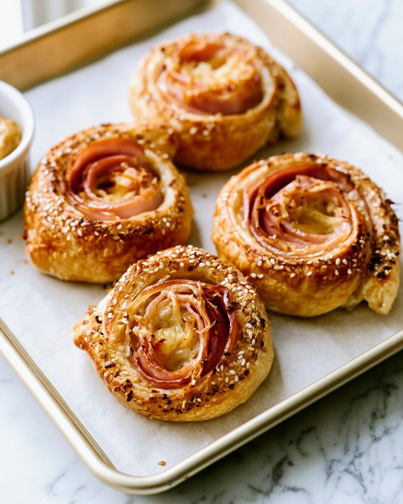Baked puff pastry pinwheels with bubbling cheese and toasted seasoning on a baking sheet