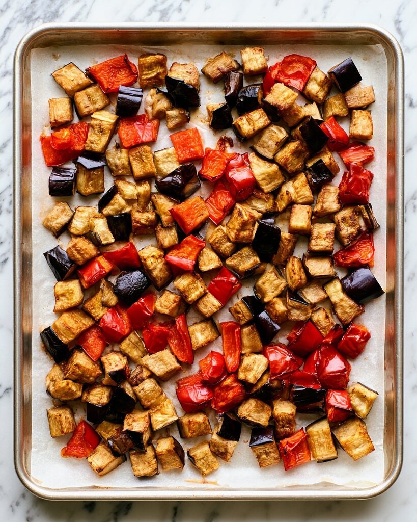 Cubed eggplant and red bell pepper roasting on a parchment-lined baking sheet