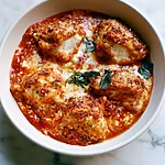 Pesto-Swirled Chicken Parmesan Bowl in 15 Minutes Pesto-swirled chicken parmesan bowl ready to serve with golden crispy chicken pieces over red sauce and melted cheese