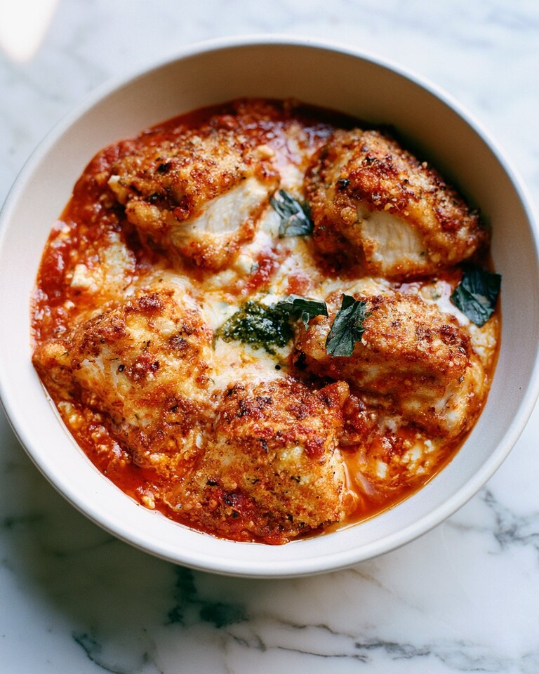 Pesto-Swirled Chicken Parmesan Bowl in 15 Minutes Pesto-swirled chicken parmesan bowl ready to serve with golden crispy chicken pieces over red sauce and melted cheese
