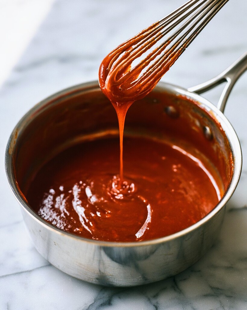Whisking a thick, glossy red hot sauce and brown sugar glaze inside a metal saucepan