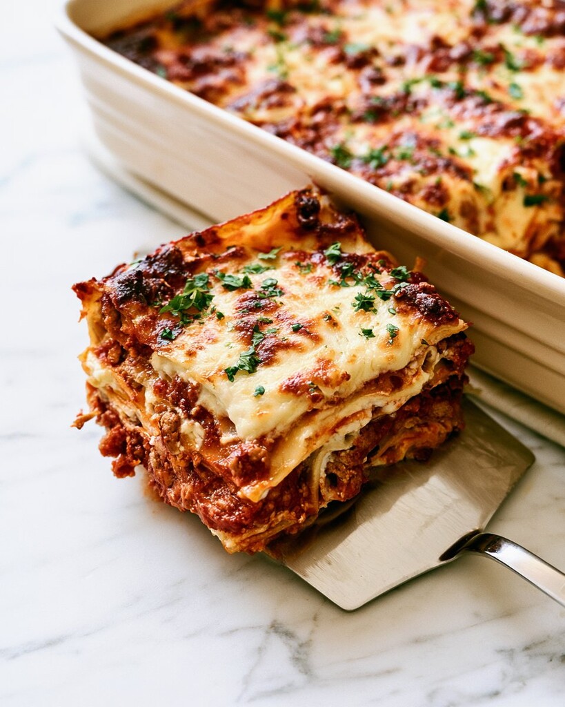 Lifting a square slice of lasagna with a metal spatula showing intact creamy layers
