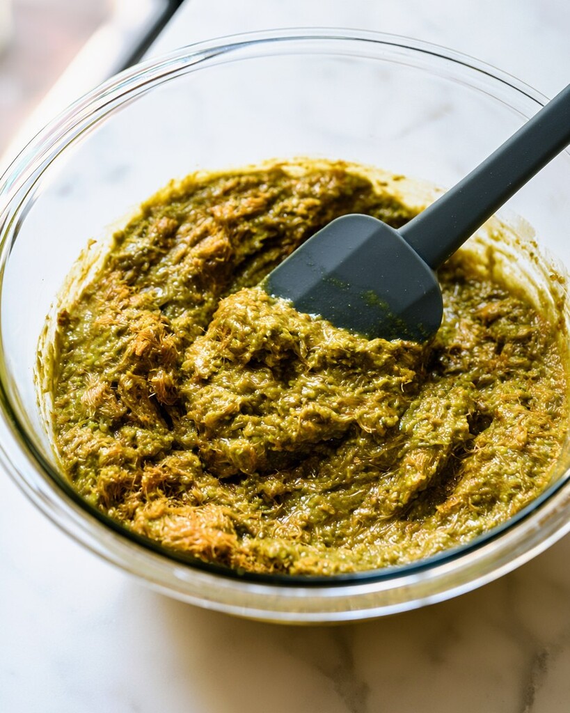 Thick green pistachio filling mixed with golden kataifi strands in a glass bowl