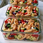 Three glass meal prep containers lined up, each filled with colorful pasta salad