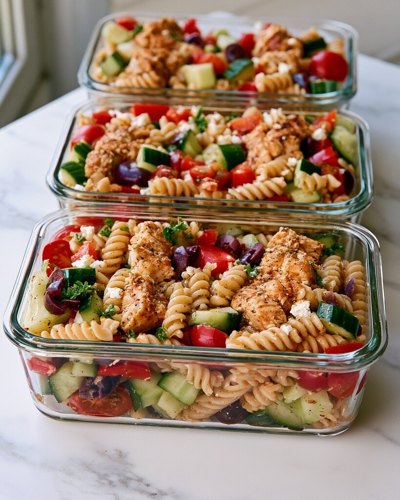 Three glass meal prep containers lined up, each filled with colorful pasta salad