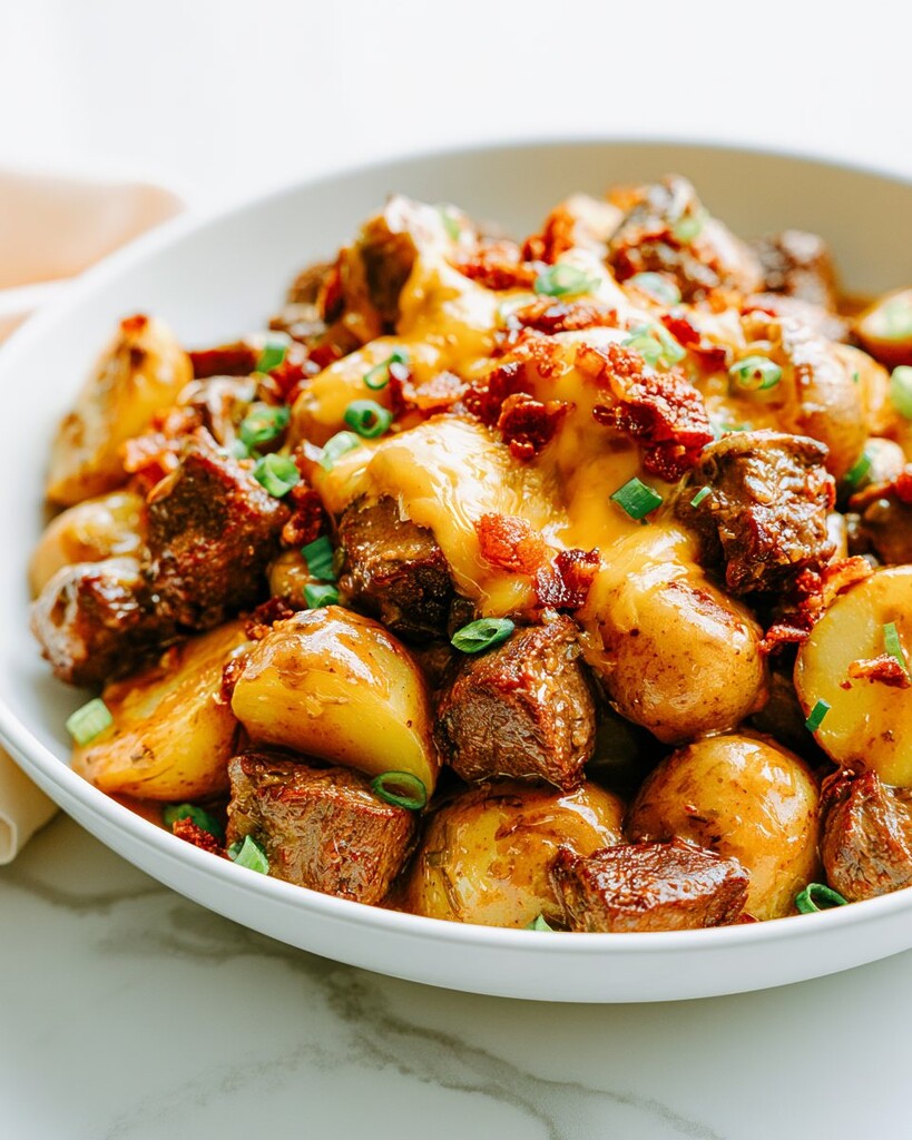Large bowl of slow cooker steak and potatoes with a rich creamy gravy and melted cheese