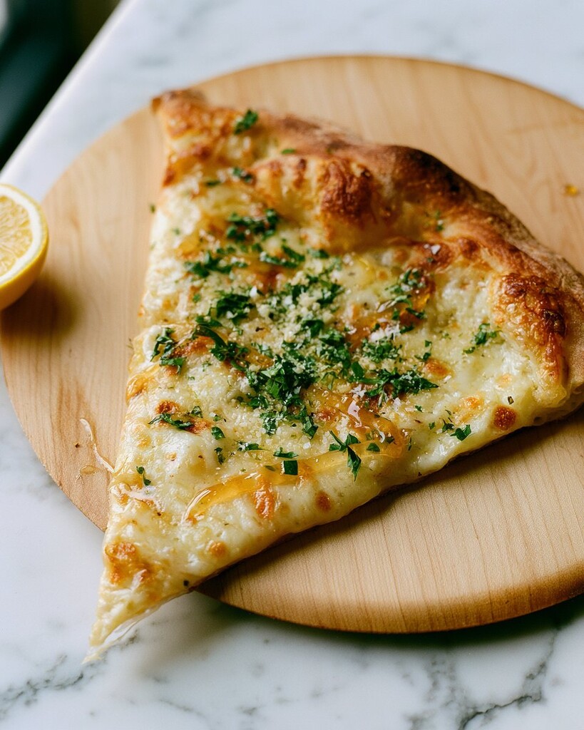 A single slice of hot honey lemon pizza on a wooden board with melted cheese, herbs, and shiny honey drizzle