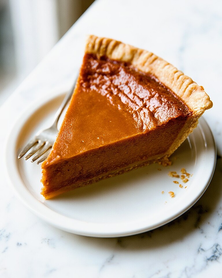 Brown Butter Apple Butter Pie with a Silky Spiced Custard Triangular pie slice with a flaky crust and firm brown filling