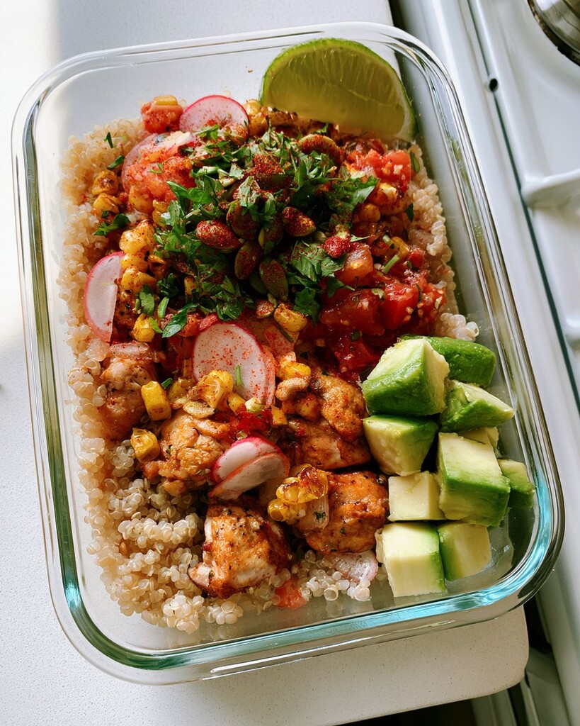 Glass bowl filled with chili-lime chicken, diced avocado, corn, and fresh green cilantro