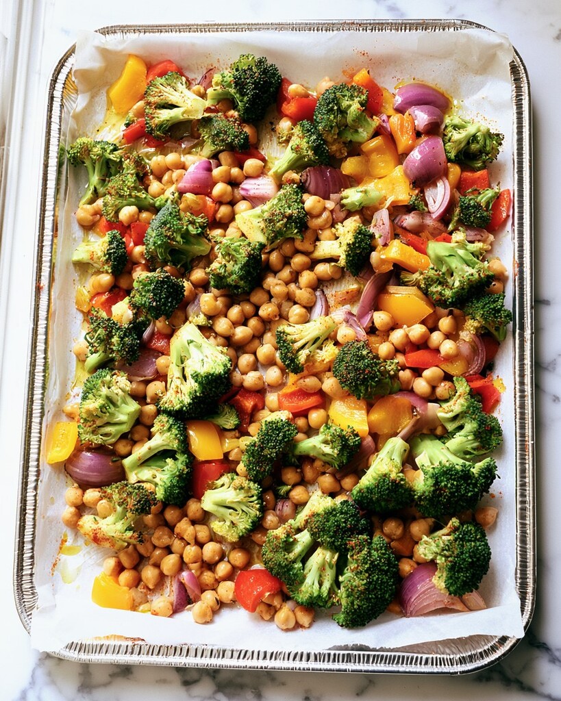 Raw broccoli, peppers, onions, and chickpeas scattered on a parchment-lined baking sheet and coated in oil and spices
