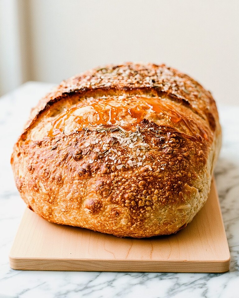 Hot Honey-Brushed Roasted Garlic Bread: No-Knead Dutch Oven Method Whole round loaf of hot honey-brushed roasted garlic bread with a shiny blistered crust sprinkled with flaky sea salt and rosemary