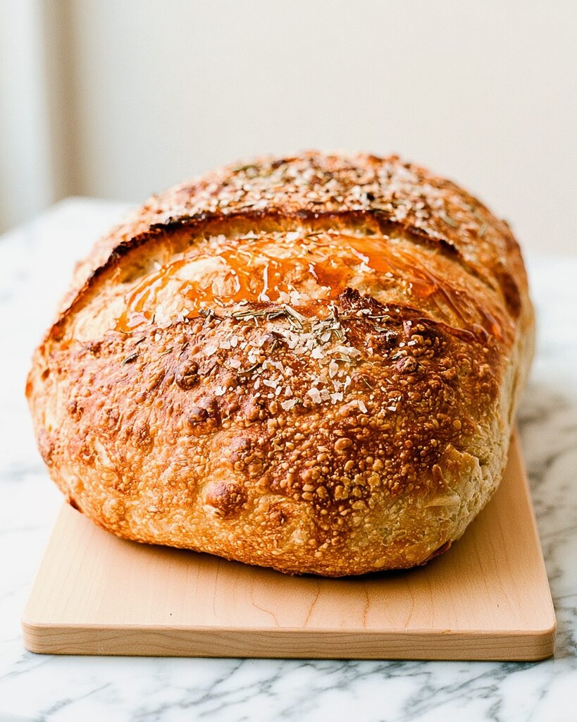 Whole round loaf of hot honey-brushed roasted garlic bread with a shiny blistered crust sprinkled with flaky sea salt and rosemary