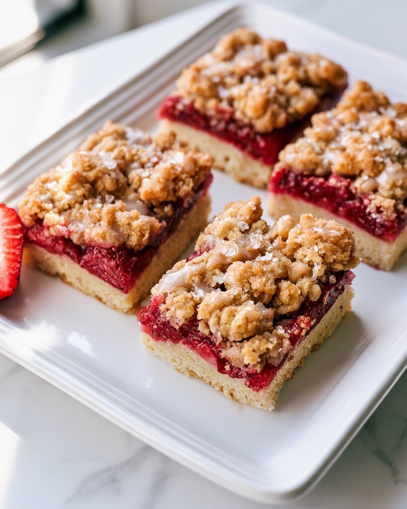 Four glazed strawberry shortcake bars arranged on a white serving plate