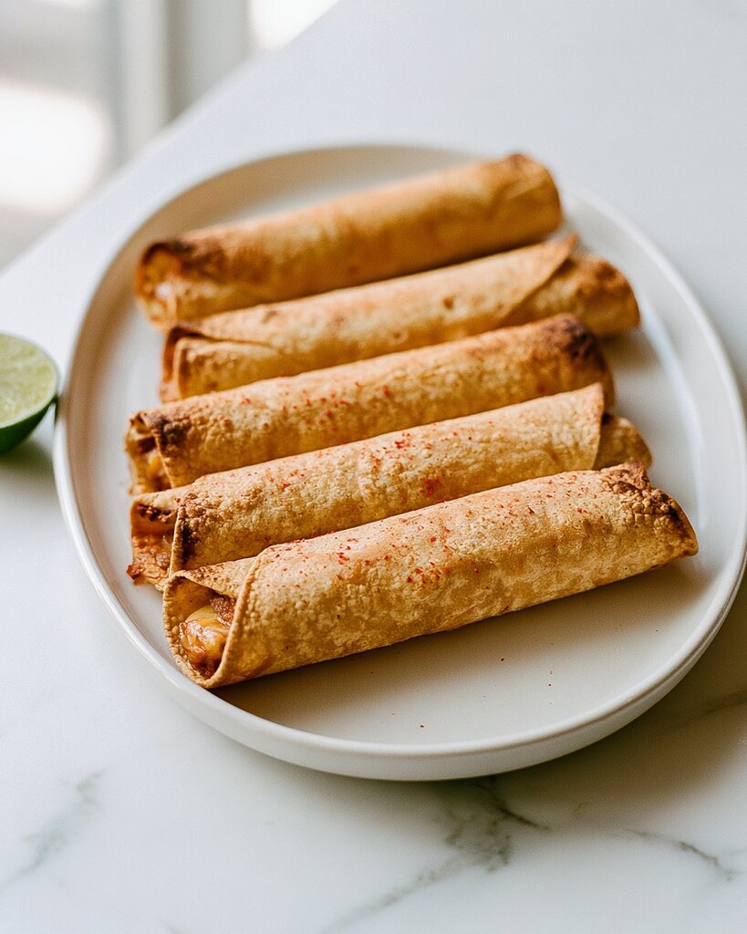 One baked beef taquito served on a white plate beside a fresh half lemon