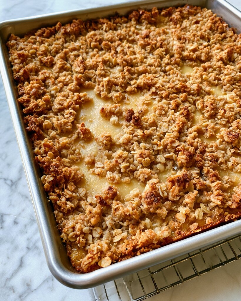Baked lemon bars in a metal pan with golden brown crumb topping