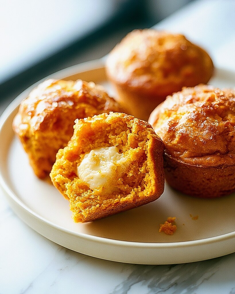 A broken open pumpkin muffin displaying a thick white cream cheese core