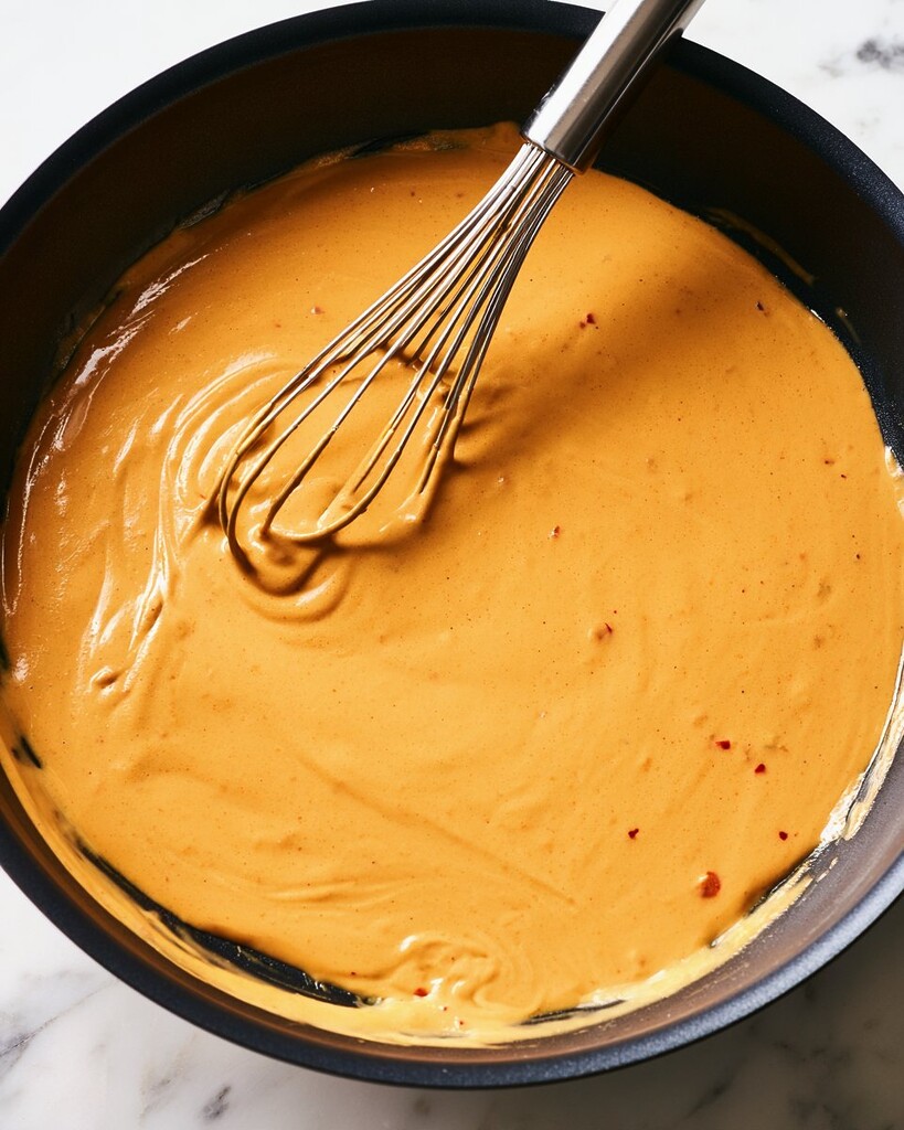 Orange pumpkin alfredo sauce simmering in a skillet with a metal whisk