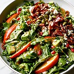 Dressed Honeycrisp apple salad on a wide serving platter garnished with feta and nuts