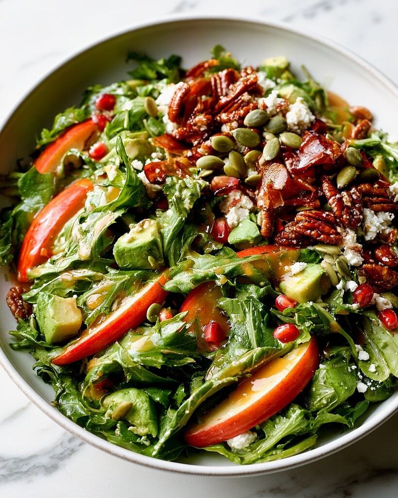 Dressed Honeycrisp apple salad on a wide serving platter garnished with feta and nuts
