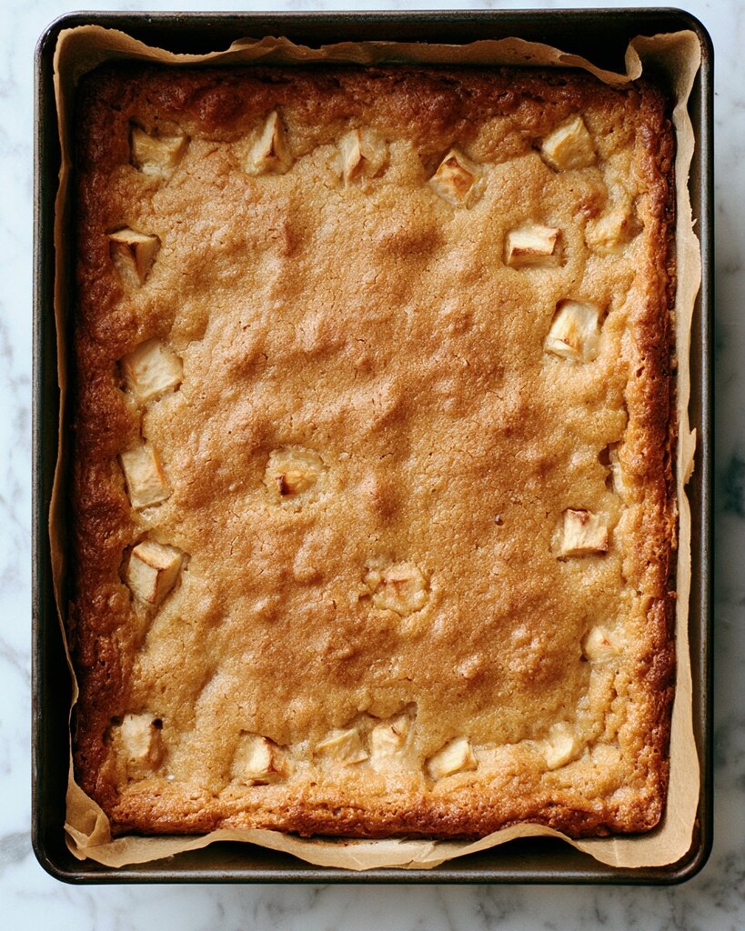 Baked apple blondies fresh from the oven showing golden surfaces and browned edges in a metal pan