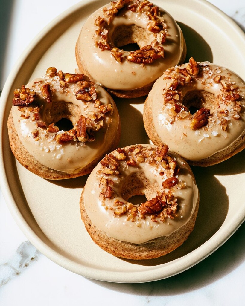 Baked apple cider doughnut covered in creamy maple glaze with chopped pecans and salt crystals
