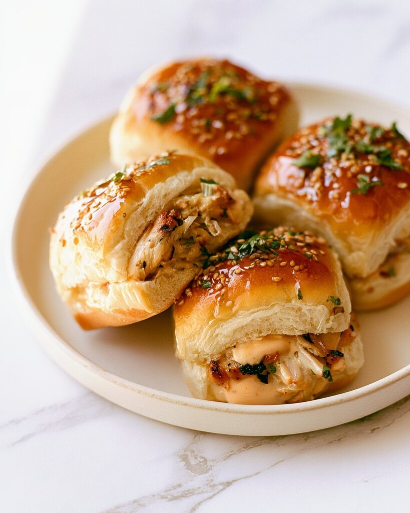 Warm chipotle chicken sliders sliced and arranged on a serving plate with melted cheese and fresh herbs.
