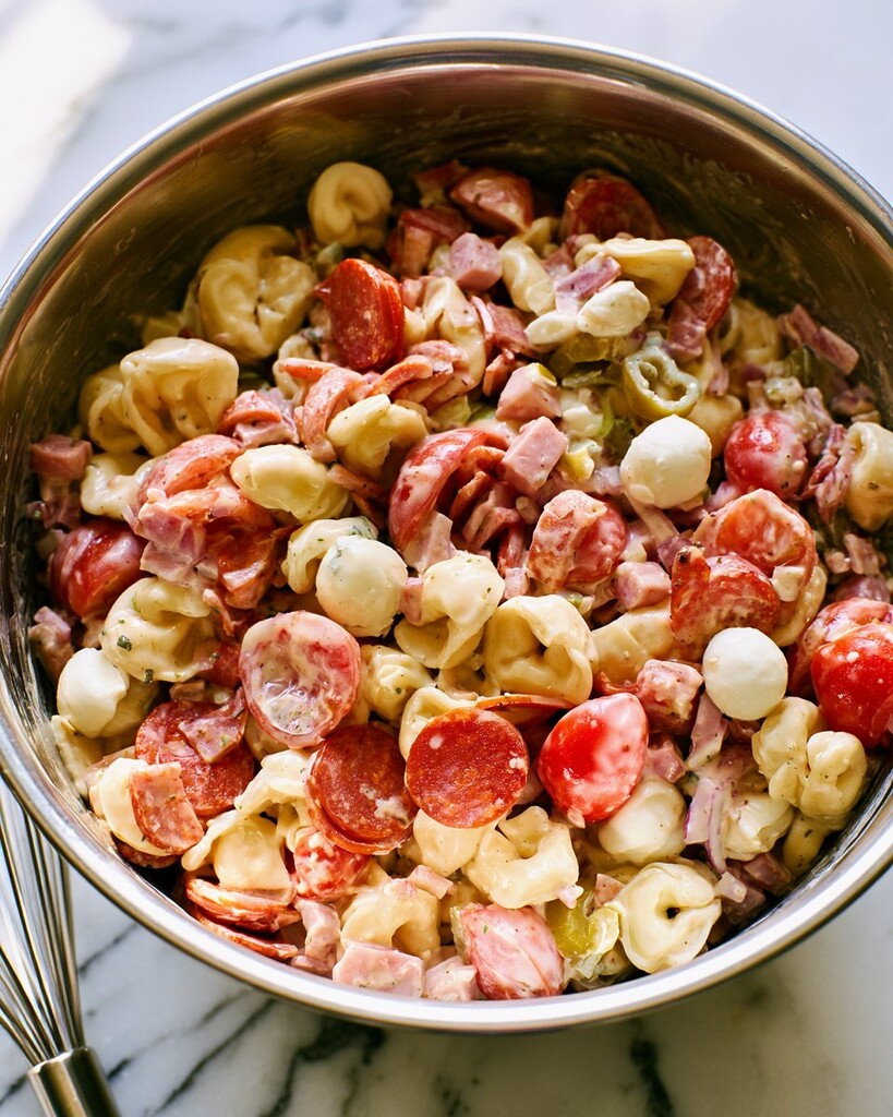 Tortellini and deli meats evenly coated in creamy dressing in a mixing bowl