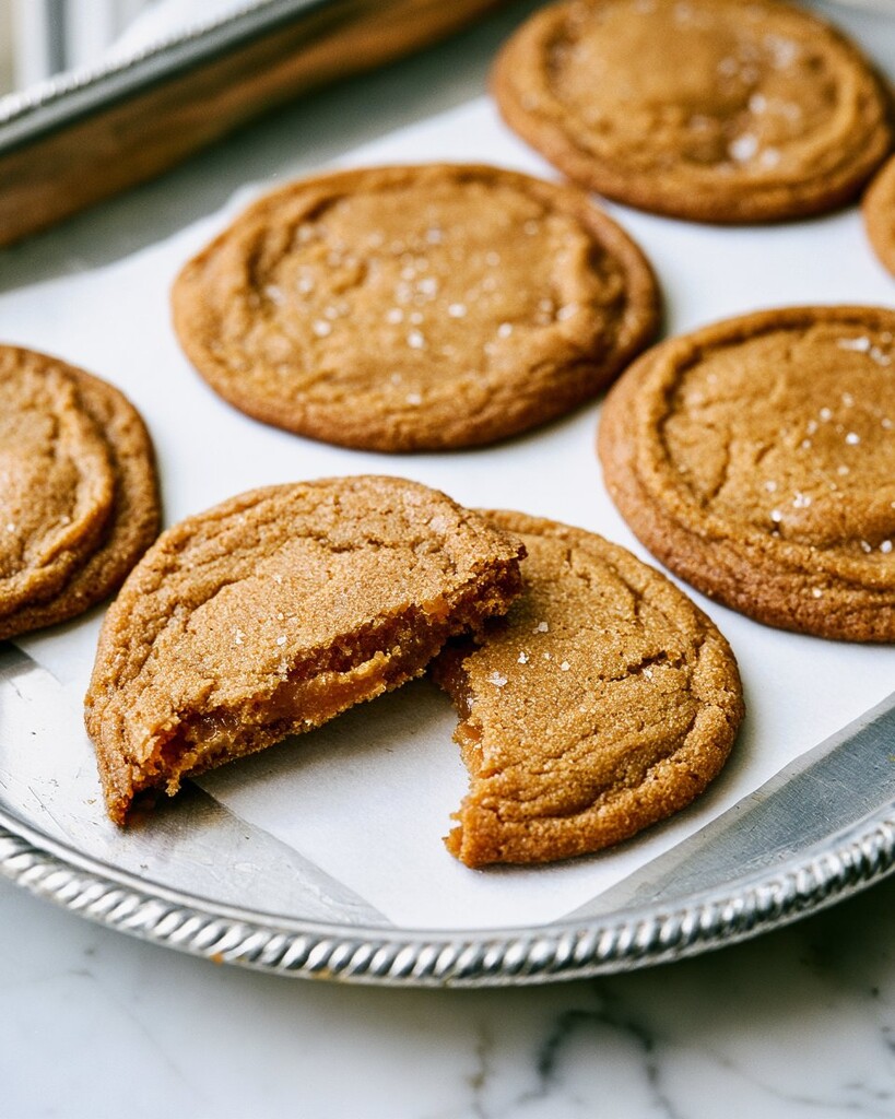 A broken cookie on a metal tray showing a dense, fudgy brown center
