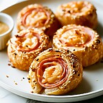 Flaky golden ham and cheese pinwheels arranged on a white serving plate
