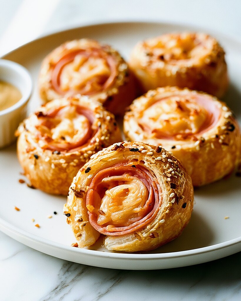 Flaky golden ham and cheese pinwheels arranged on a white serving plate