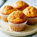 Baked brown butter pumpkin muffins sitting on a plate in their paper liners