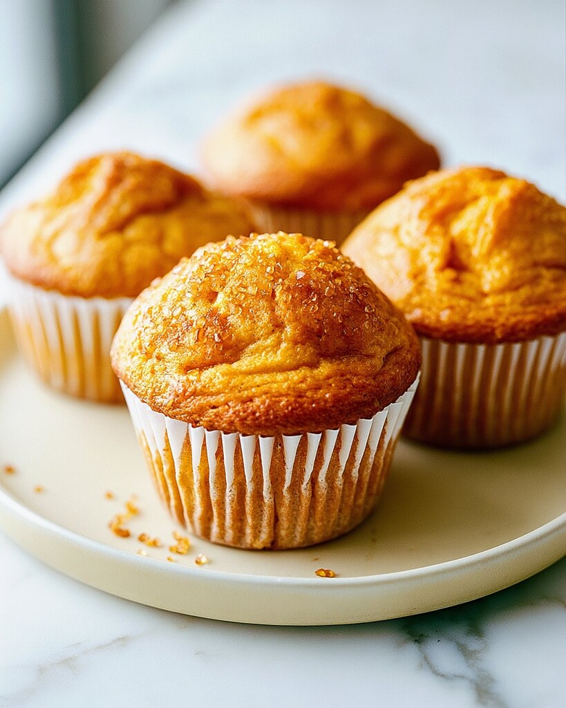 Baked brown butter pumpkin muffins sitting on a plate in their paper liners