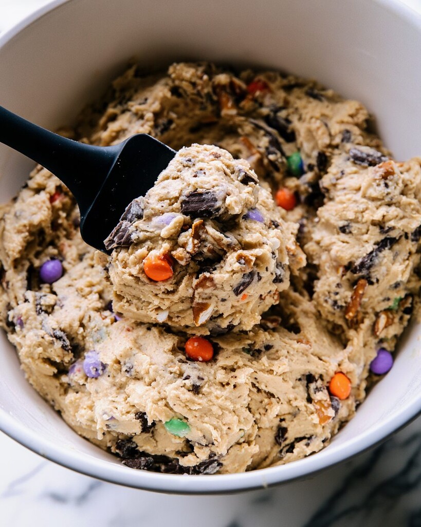 Thick cookie dough mixed with chocolate chunks and colorful candies inside a white mixing bowl