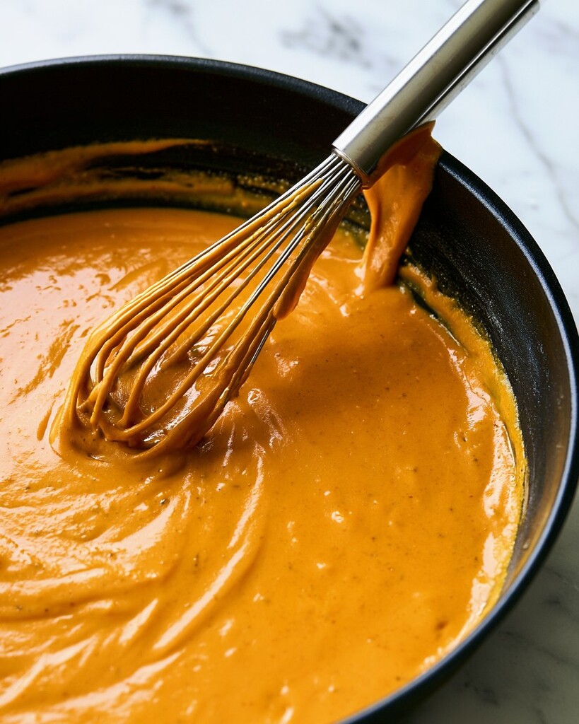 Whisking cheese into thick pumpkin alfredo sauce for a smooth finish