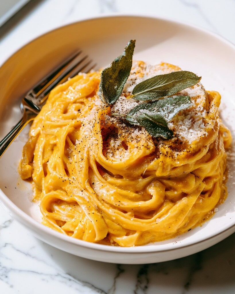 Serving butternut squash alfredo with crispy sage and black pepper in a light dish