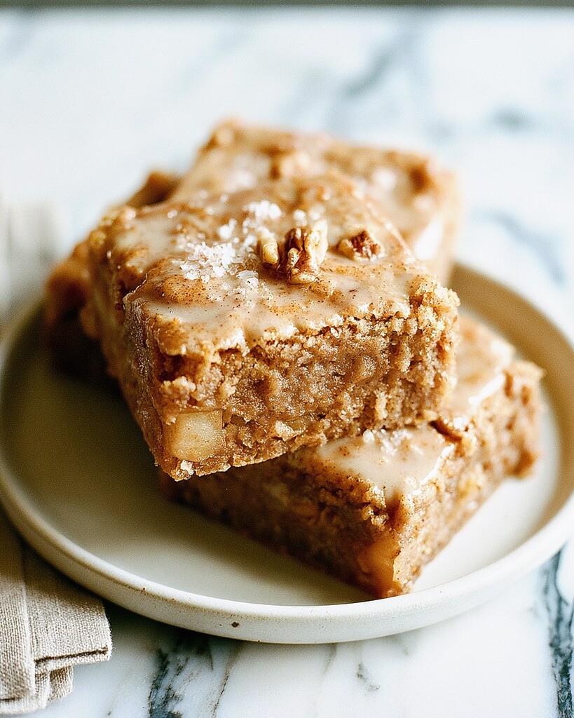 Stacked pieces of glazed brown butter apple blondies on a light plate