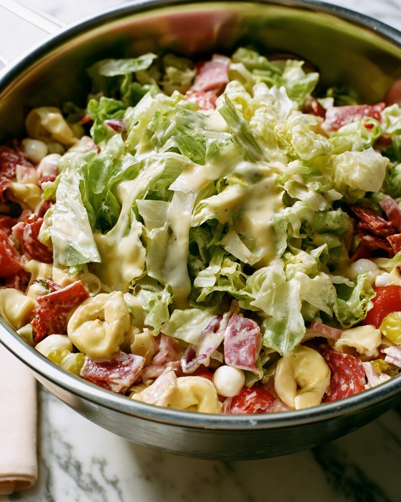 Shredded iceberg lettuce and reserved dressing added on top of the chilled pasta mixture