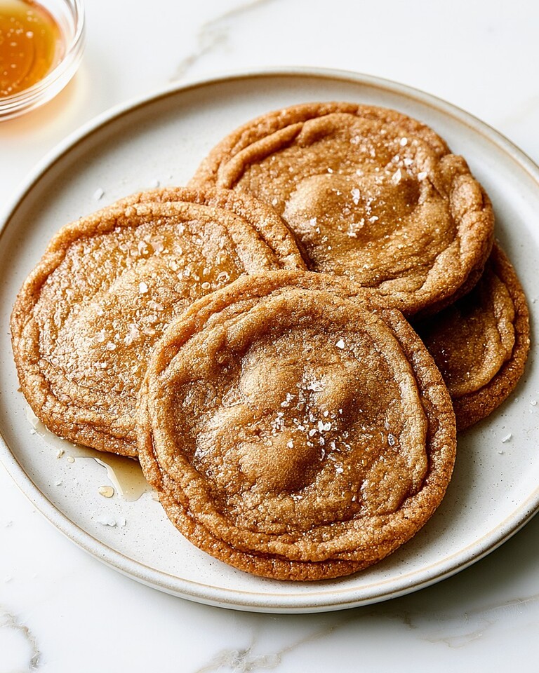 Browned Butter Salted Honey Cookies: Chewy & Thick Browned butter salted honey cookies arranged on a light plate with golden crinkled surfaces and scattered flaky salt