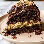 Another slice of the pistachio kataifi chocolate cake on a light plate