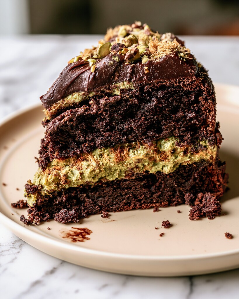 Another slice of the pistachio kataifi chocolate cake on a light plate