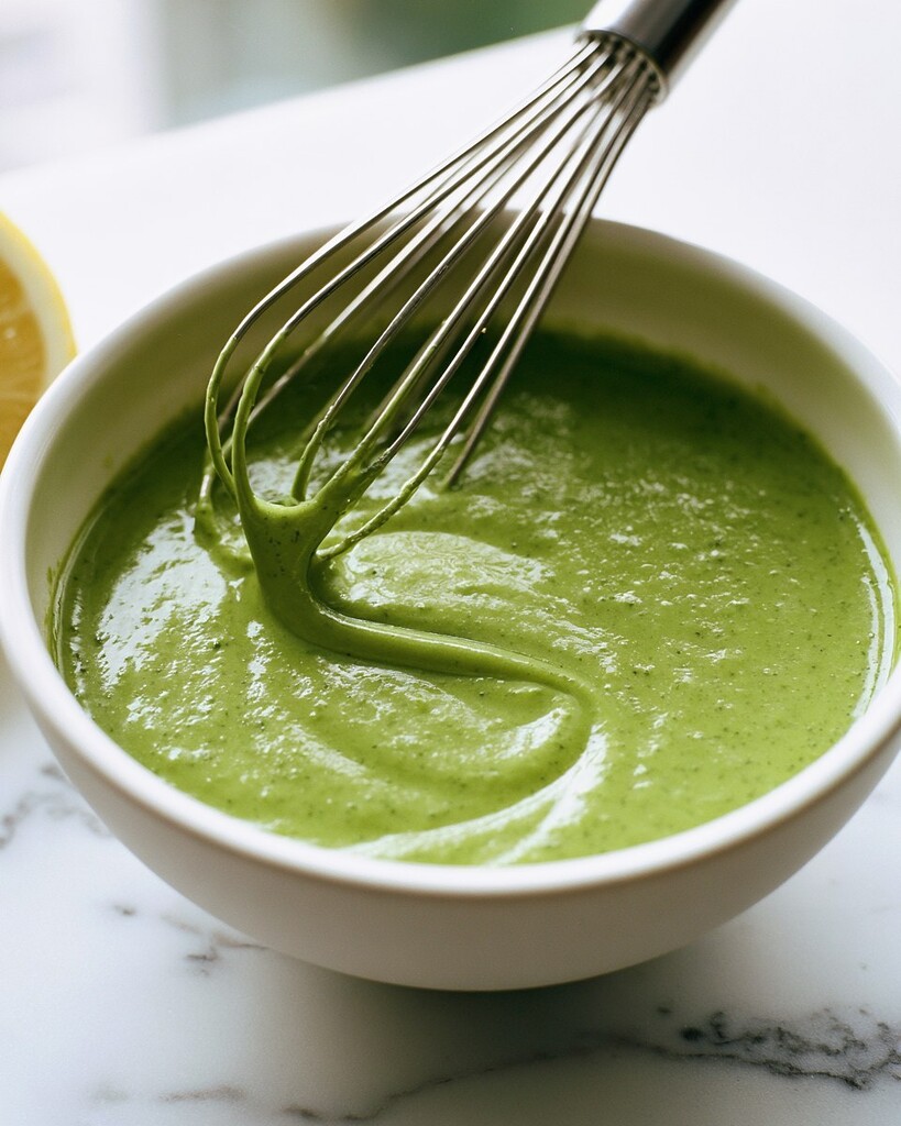 Smooth green lemon pesto mixture being stirred with a wire whisk in a glass bowl