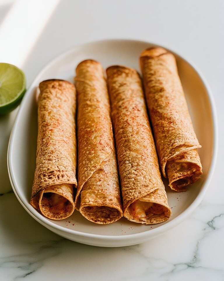 Baked Beef Taquitos with Chili-Lime Crust Four baked beef taquitos arranged neatly on a white plate, showcasing a deeply toasted, chili-lime dusted crust.