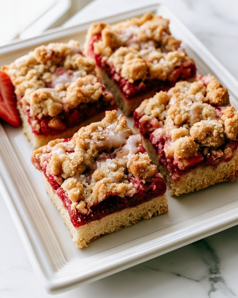 Thickly sliced strawberry shortcake bars with red filling and coarse crumb topping
