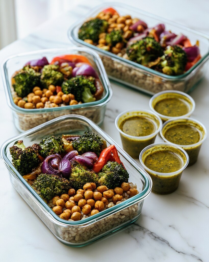 Glass meal prep containers holding rice and roasted vegetables next to small plastic cups filled with green pesto dressing