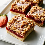 Close-up of a layered strawberry shortcake bar with a shiny glazed topping