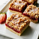 Strawberry Shortcake Bars with a Turbinado Crunch Close-up of a layered strawberry shortcake bar with a shiny glazed topping